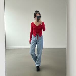 Urban Outfitters Red Ruched Drawstring Bell Sleeve Jersey Blouse Size L